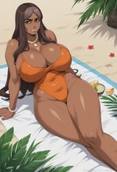 1girls ai_generated ambrose annoyed_expression beach beach_towel big_breasts brown_hair curvaceous dark_skin huge_breasts milf one_piece_swimsuit priyanka_maheswaran self_upload stable_diffusion steven_universe sunbathing thick_thighs two-tone_hair voluptuous_female wide_hips