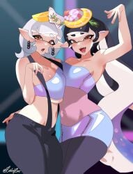 2girls artist_name breasts callie_(splatoon) callie_(summer_nights) inkling inkling_girl inklingloe long_hair looking_at_viewer marie_(splatoon) marie_(summer_nights) mole mole_under_eye navel nintendo open_mouth pointy_ears short_hair skirt splatfest splatoon splatoon_3 squid_sisters summer_nights_splatfest suspenders tentacle_hair tongue two_tone_hair