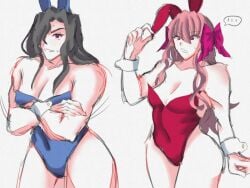 1boy 1girls bangs_over_eyes bangs_over_one_eye black_hair bulge bunny_ears bunny_girl bunnysuit cleavage crossdressing curvy curvy_figure dead_apostle_noel_(tsukihime) long_hair maharirisu7318 melty_blood michael_roa_valdamjong muscular_male noel_(tsukihime) pink_hair plump ribbon_in_hair ribbons thick_thighs tsukihime tsukihime_(remake) type-moon vampire vampire_girl wide_hips