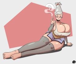 1girls ayase_seiko big_breasts carlos_jurado_cartoons cigarette cleavage dandadan dolphin_shorts gilf grandmother huge_breasts light-skinned_female light_skin shorts voluptuous voluptuous_female white_hair