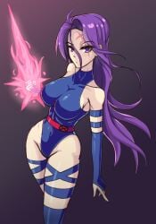 1girls artist_request big_breasts breasts cute magic marvel marvel_comics psylocke purple_eyes purple_hair solo thick_thighs thighhighs thighs thong_leotard x-men