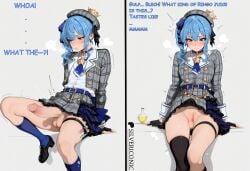 1futa 2d 2koma ai_generated ascot belt black_gloves blue_eyes blue_hair blush choker collared_shirt crown cum cum_drip futa_only futanari headwear hi_res hololive hololive_japan hoshimachi_suisei icosilveraiart jacket kneehighs legwear motion_lines no_panties potion pussy pussy_juice self_upload shaking sitting skirt skirt_lift split_screen steam tagme text