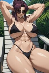 1girls abs ai_generated ambrose asian_female beach big_breasts bikini black_lagoon brown_eyes looking_over_eyewear looking_over_sunglasses lounge_chair muscular_female ponytail purple_hair revy self_upload stable_diffusion sunbathing sunglasses tattoo thick_thighs tinted_eyewear wide_hips