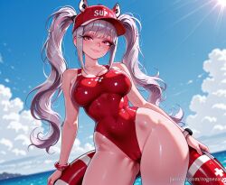 2025 ai_generated alice_(nikke) anime ass_visible_through_thighs bangs bare_shoulders beach blue_sky blurry blush bracelet breasts cameltoe cleavage cloud collarbone competition_swimsuit covered_navel covered_nipples crossover day dutch_angle eye_contact eyelashes female female_focus female_only flushed goddess_of_victory:_nikke grey_hair groin hat highleg highleg_swimsuit highres holding huge_breasts innertube jewelry large_breasts lips long_hair looking_at_viewer ocean one-piece_swimsuit outdoors parted_lips patreon pink_eyes pink_lips red_headwear red_one-piece_swimsuit rognezart shiny shiny_clothes shiny_skin sidelocks skin_tight sky smile smiling solo standing sunlight swimsuit thick_thighs thighs twintails very_long_hair watch water wet wet_swimsuit wristwatch