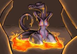 1girls 2016 armpits arms_behind_head arms_up belly big_ass black_eyes breasts cave eyelashes fangs female female_only lava lizard mammal nintendo no_nipples nude pink_skin pokemon pokemon_(species) pokemon_sm purple_sclera purple_skin pussy reptile salazzle scalie shad_noise slit_eyes smile solo standing tail teeth thick_thighs video_games volcanic_setting wet wide_hips