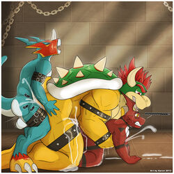 2012 4_fingers aaron_(artist) all_fours amber_eyes anal anal_sex anthro ass backsack balls balls_deep ballsack bara biceps big_balls big_dom_small_sub big_penis blue_skin bouncing_balls bowser claws clenched_teeth closed_eyes crossover cum cum_in_ass cum_inside cumshot digimon doggy_style ejaculation erection eyebrows flamedramon from_behind_position group group_sex guilmon highres horn indoors interspecies koopa male male_only mario_(series) muscular nintendo nude open_mouth orgasm penetration penis red_eyes red_hair reptile scalie sex shell side_view size_difference slightly_chubby small_dom_big_sub spikes straining teeth text thick_penis threesome toe_claws tongue train_position turtle vein yaoi