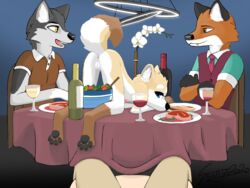 1girls 2020 2boys 4:3 anthro anus ass blue_eyes bowing brown_eyes canid canine canis chair clothed clothed_male_nude_female clothing completely_nude_female domestic_dog eyeliner feet female feral flat_chested flower food fox fur genitals gloves_(marking) group hi_res hindpaw husky hybrid kyli_(character) leg_markings makeup male mammal markings multicolored_body multicolored_fur narrow_legs nipples nordic_sled_dog nude on_table paws petite petite_body petite_female presenting pussy rear_view scuty_(artist) sitting skinny slim small_breasts socks_(marking) spitz submissive teasing top-down_bottom-up wine_bottle wine_glass wolf wolfdog yellow_eyes