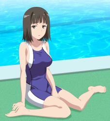 10s 1girls 2015 bare_shoulders barefoot black_hair breasts brown_eyes collarbone competition_swimsuit derivative_work female full_body large_breasts light-skinned_female light_skin long_legs official_alternate_costume one-piece_swimsuit pool poolside short_hair sitting smile_(rz) solo swimsuit takitsubo_rikou teenage_girl teenager to_aru_kagaku_no_railgun to_aru_majutsu_no_index unitard wariza water