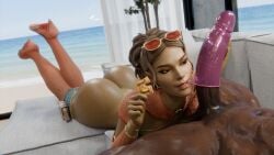 3d 3d_(artwork) apex_legends ass beach_background cock_worship commission condom condom_on_penis condom_wrapper dark-skinned_female dark-skinned_male dark_skin eskandart feet_up female imminent_sex jewelry loba_(apex_legends) lying_on_stomach male penis sunglasses sunglasses_on_head