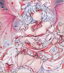 absurdres aged_up ascot bar_censor bat_(animal) bat_wings blue_hair blush bra bra_pull breasts censored clothes_down clothes_pull collarbone colored_pencil_(medium) commentary_request commission cowboy_shot cross dated falling_petals female female_pubic_hair fingernails full_moon garter_belt hat hat_ribbon highres large_breasts lingerie long_fingernails looking_at_viewer medium_hair mob_cap monety moon navel nipples pencil petals pink_hat pink_shirt pointy_ears pubic_hair red_ascot red_bra red_eyes red_moon red_petals remilia_scarlet ribbon shirt signature solo thighhighs touhou traditional_media underwear white_thighhighs wings wrist_cuffs