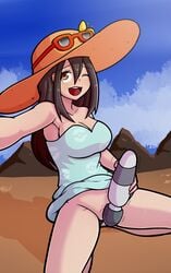 1girls armpits bare_shoulders big_breasts bottomless breasts brown_eyes brown_hair cleavage day dress dress_lift female female_only hat hitachi_magic_wand holding human kneeling long_hair looking_at_viewer masturbation nintendo npc_trainer one_eye_closed open_mouth outdoors outstretched_arm pokemon pokemon_sm pussy_juice santystuff selfie sex_toy sightseer_(pokemon) sky smile solo spread_legs sunglasses sunglasses_on_head teeth tongue vibrator wet wince