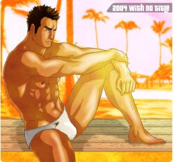 1boy 2004 abs archived_source bara beach black_hair blurry_background bulge dated gay male male_only muscular nipples original photo_background solo speedo sunset swimwear with_no_title yaoi