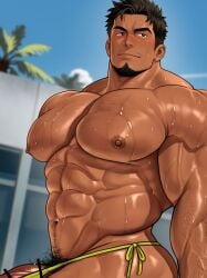 1boy abs bar_censor bara biceps bikini blush broad_shoulders brown_eyes brown_hair censored chest_hair coconut_tree facial_hair goatee groin highres huge_pectorals kuromine_hiraya looking_to_the_side male male_focus male_swimwear muscular muscular_male mustache_stubble navel nipple_hair nipples original palm_tree penis penis_peek pubic_hair shiny_skin solo stubble swimsuit thick_arms thick_eyebrows thong_bikini tree upper_body veins veiny_arms veiny_penis wet yaoi yellow_male_swimwear yuatari