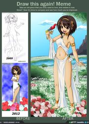 1girls bird breasts brown_eyes brown_hair flower_field flowers hairband happy jewelry lake legs meme mountain navel no_bra no_panties sandals short_hair smile suzumiya_haruhi suzumiya_haruhi_no_yuuutsu tree urielmanx7 white_dress yellow_eyes