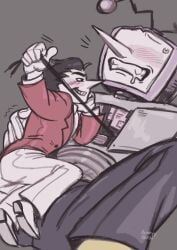 2boys artist_name artist_signature big_sub big_sub_small_dom blush blush_lines blushing bunnyyblush clothed deltarune deltarune_chapter_3 digital_media_(artwork) drool drooling duo duo_focus gay gloves grin male robot robot_humanoid screen_face sharp_teeth size_difference smug spamtenna spamton_g_spamton suit suit_and_tie sweat tenna_(deltarune) topless topless_male tv_head wireplay wires