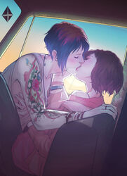 2girls afterlaughs blue_hair blush breast_grab breasts brown_hair chloe_price closed_eyes dyed_hair eyelashes eyeliner female female_only female_protagonist hug human kiss kissing life_is_strange makeup max_caulfield nail_polish pale_skin pickup_truck public short_hair small_breasts tattoo truck vehicle watermark wholesome yuri