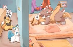 2_tails anal_sex anthro bed bedroom bedroom_sex black_body black_fur blue_body blue_fur blush bodily_fluids brown_body brown_fur canid canine cloak clothing colored curious deer detailed_background ear_piercing eavesdropping fabulous_beasts felid feline feral fox from_front_position fur fur_markings furniture fuzai_(fabulous_beasts) green_eyes group hetao_(fabulous_beasts) hi_res hooves horn lagomorph legs_up listening male male/male mammal markings mask multi_tail multicolored_body multicolored_fur murong_xuequan(meimei) pantherine paws penetration picture_frame piercing pillow pink_body pink_fur pixiu purple_eyes scarf sex sibuxiang_the_deer_(fabulous_beasts) snow_leopard sweat sweatdrop tail tianlu_(fabulous_beasts) tuye_(fabulous_beasts) two_tone_body two_tone_fur white_body white_fur yaoi yellow_body yellow_fur zhngchnji252812