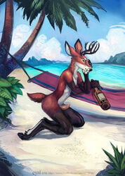 alcohol antlers beach beverage cervine cloven_hooves deer di19826 fur gloves_(marking) hooves horn humanoid_penis looking_at_viewer male male_only mammal markings penis red_fur seaside socks_(marking) solo water white_fur