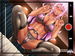 1girls ass blush bra breasts censored dark-skinned_female dark_elf dark_skin elf erect_nipples female full_body green_eyes large_breasts lilith-soft long_hair my_elf_elder_sister nobushito_kuro panties pink_hair pointy_ears recording solo sophia_ardys_fairglyn stockings