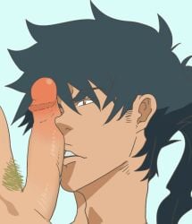 2016 2boys animated black_hair blonde_pubic_hair erection gay gif kuromukuro male male_only one_eye_closed ouma_kennosuke_tokisada penis penis_on_face pubic_hair simple_background tom_borden_(kuromukuro) yaoi がーたー
