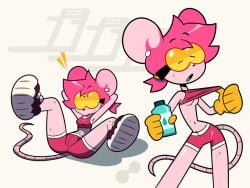 1female 1girls anthro earbuds eyes_closed female glasses glasses_on_face glasses_on_head goommymuffin long_tail mouse mouse_ears mouse_girl mouse_humanoid mouse_tail mousegirl muffin_(goommymuffin) official_art pink_fur pink_hair shoes shoes_on shorts sweat sweatdrop sweating sweaty sweaty_body water working_out workout workout_clothes