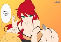 1boy 1boy1girl 1girls artist_name ass bare_shoulders big_breasts blonde_hair blonde_male breasts circlet cleavage clothed clothing condom condom_wrapper dialogue english english_text female femdom grabbing_hand grabbing_wrist gradient_background green_eyes hair_between_eyes i'm_gonna_make_you_a_father ibanews1 imminent_sex jaune_arc light-skinned_female light-skinned_male light_skin long_hair male male/female malesub orange_background panties part_of_a_series part_of_a_set partially_clothed partially_clothed_female ponytail pyrrha_nikos red_hair rooster_teeth rwby tan_topwear viz_media
