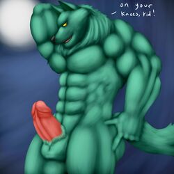 1boy abs anthro anthro_only ass balls biceps canine dilgear dilgear_(character) english_text erection fur looking_back male male_only mammal manly muscular open_mouth pecs penis pose slayers smile solo standing text thevillager thick_penis thick_thighs wolf