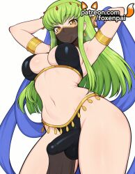 1futa 2025 ai_generated armlet arms_up artist_name black_bikini breasts bust c.c. chest code_geass earrings foxenpai futa_only futanari green_hair hi_res high_quality high_resolution highres intersex jewelry light-skinned_futa long_hair mouth_veil navel patreon patreon_username penis solo stable_diffusion thighs watermark yellow_eyes