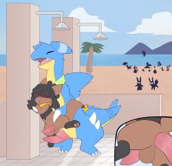 2_penises absurd_res anal anthro beach beach_shower blush bodily_fluids carrying_another carrying_partner diphallism duo feral gabite generation_4_pokemon genital_fluids genitals hi_res leaking_precum male male/male multi_genitalia multi_penis nintendo penis pokemon pokemon_(species) porldraws precum public public_sex riolu scarf sex silhouette size_difference