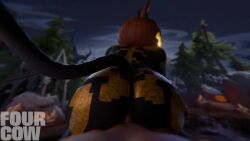 1boy 1girls 3d 3d_animation animated animation ass_focus assjob dark_skin female fortnite fortnite:_battle_royale four_cow furry halloween huge_ass loop looping_animation male no_sound pov pumpkin pumpkin_head reverse_cowgirl_position spice_(fortnite) tail video