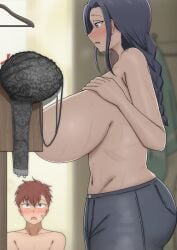 1boy 1girls absurdres adult_and_teenager age_difference ass black_bra black_hair black_pants blush bra bra_removed braid braided_ponytail breast_focus breasts brown_hair busty clothes_hanger convenient_censoring female from_side grey_eyes hand_on_own_chest highres huge_breasts indoors lingerie lingerie_bra long_hair looking_at_another looking_at_breasts looking_at_partner male masafumi_kase milf miyajima_tsubaki mother_and_daughters_boyfriend navel open_mouth pants poa_mellhen purple_eyes saimin_seishidou shirt sideboob sidelocks stomach surprised sweat topless topless_female underwear unworn_bra unworn_shirt voluptuous voluptuous_female walk-in