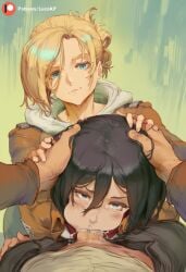 1boy 2girls ai_generated annie_leonhardt asian asian_female assisted_fellatio attack_on_titan big_penis black_hair blonde_hair blowjob blue_eyes blush collaborative_fellatio cum cum_in_mouth cum_in_nose cum_in_throat cum_inside cum_leaking_out_of_mouth deepthroat eren_jaeger eye_contact female femdom fringe gag gagging grabbing_head looking_at_viewer lucakp male medium_hair mikasa_ackerman oral pants_down patreon patreon_link patreon_logo patreon_reward patreon_url patreon_username penis petite pov shingeki_no_kyojin simple_background slim smirk smirking sucking sucking_penis tagme teenager throatpie tied_hair tight_throat