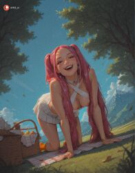 2 ai_generated aisinful all_fours artist_name ass big_ass big_breasts big_butt blush bracelet branch breasts bush day female forest grass hi_res jewelry k/da_(league_of_legends) kpop_demon_hunters large_breasts long_hair medium_breasts mira_(kpop_demon_hunters) nature necklace nipples open_mouth outdoors palm_tree pink_hair skirt sky solo tail thick_thighs tree twintails wide_hips