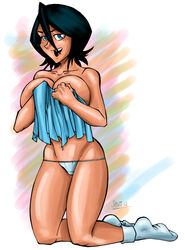 bleach breasts covering_breasts female kuchiki_rukia large_breasts panties solo splutt topless white_panties