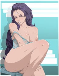 anivia bare_shoulders breasts brown_eyes dress female forehead_jewel humanized league_of_legends long_hair looking_at_viewer materclaws nipples one_breast_out personification purple_hair sitting smile solo