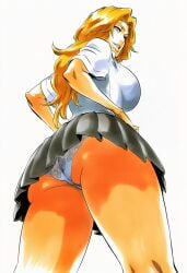 1girls accurate_art_style accurate_body_type ai_generated ass ass_focus big_breasts bleach blue_eyes breasts breasts_bigger_than_head busty clothing curvaceous curvy digital_media_(artwork) fanart female female_focus female_only from_below grey_skirt hands_on_own_hips highres huge_breasts lace lace-trimmed_panties lace_trim large_breasts light-skinned_female light_skin long_hair looking_back matsumoto_rangiku mole mole_under_mouth orange_hair panties pantsu pantyshot parted_lips pleated_skirt school_uniform shiny_hair shiny_skin shirt short_sleeves sideboob simple_background skirt solo solo_female solo_focus standing thick_thighs thighs tite_kubo_style underwear uniform upskirt viewed_from_below voluptuous white_background white_shirt ㅇㅇ