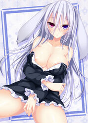 :o animal_ears areola_slip areolae bare_shoulders black_dress blush breasts bunny_ears cleavage collarbone covering covering_crotch dress female grey_hair heterochromia large_breasts looking_at_viewer no_bra no_panties off_shoulder original parted_lips partially_visible_vulva pink_eyes purple_eyes strapless strapless_dress suterii