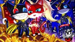 1boy 1girls absurd_res ann_takamaki atlus blonde_hair blue_eyes breasts city clothing domestic_cat duo felid feline felis female flirting flirting_look genitals glistening glistening_body glistening_breasts glistening_genitalia glistening_skin hi_res ichimoral latex latex_clothing looking_pleasured male male/female mammal megami_tensei megami_tensei_persona morgamma_(fusion) morgana_(persona) persona persona_5 sega short short_stack smug smug_grin transformation treasure treasure_chest tuxedo_cat wtf zipper zipper_mouth