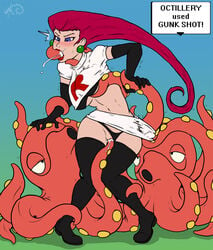 1girls 2boys ambiguous_gender black_panties blue_eyes blush boots breasts color cum cum_in_mouth cum_in_pussy cum_inside earrings elbow_gloves fellatio female fleatrollus footwear full_body gameplay_mechanics gloves gunk_shot_(pokémon_move) hairless_pussy hand_on_head human jessie_(pokemon) large_breasts lipstick long_hair male marine midriff nintendo octillery octopus oral panties panties_aside pokemon pokemon_battle pokemon_gsc pokemon_move pokephilia pussy rape red_hair red_lipstick sex skirt skirt_lift standing straight team_rocket tearing_clothes tentacle tentacle_paizuri tentacle_sex tentacles text thigh_high_boots threesome very_long_hair