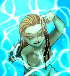 big_breasts blue_lighting eye_makeup face_piercings holding_bikini_top in_water naked_female pool slanted_eyes wet_hair