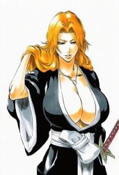 1girls accurate_art_style accurate_body_type ai_generated between_breasts big_breasts black_kimono bleach blue_eyes breast_focus breasts breasts_bigger_than_head busty center_opening chain_necklace chains cleavage clothing collarbone cowboy_shot curvaceous curvy digital_media_(artwork) fanart female female_focus female_only from_above hair_lift hand_up hands_in_hair haori highres huge_breasts japanese_clothes jewelry katana kimono large_breasts light-skinned_female light_skin long_hair matsumoto_rangiku mole mole_under_mouth necklace no_bra orange_hair parted_lips sash sheath shiny_hair shiny_skin simple_background solo solo_female solo_focus standing sword tite_kubo_style traditional_clothes voluptuous wafuku weapon white_background white_sash wide_sleeves ㅇㅇ
