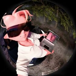 3d antennae anthro bracelet car_interior dark_willow digital_media dota dota_2 female fisheye_lens forest laptop long_ears looking_at_viewer masiqqe mireska_sunbreeze_the_dark_willow nature necklace pink_skin self_reference sitting smile solo sunglasses trees white_shirt