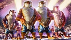 3_toes 4boys ai_generated anthro balls ballsack bedroom_eyes big_penis buff bulge chest_tuft crowd daddy detailed_background dominant fur gay group horny knot looking_at_viewer low-angle_view male male_only paws paws_on_hips penis ready_to_fuck shorts smiling smiling_at_viewer stage stage_lights strip_club striped_body stripes thighs tiger tiger_dancer_(zootopia) tuft zootopia zootopia_2 zootropolis