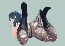 1girls arm_support back black_panties blue_eyes blue_hair boots breast_press breasts byleth_(fire_emblem) byleth_(fire_emblem)_(female) feet_up female female_only fire_emblem fire_emblem:_three_houses grey_background high_heels lace_pantyhose_hooked_on_heel_(meme) large_ass large_breasts long_hair looking_at_viewer lying medium_hair meme nintendo on_stomach one_color_background pantyhose pomelomelon smile solo the_pose topless topless_female