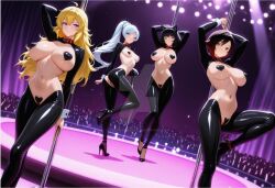 4girls ai_generated black_hair blake_belladonna blonde_hair blue_eyes female gold_eyes lavender_eyes omegashadowz red_hair reverse_bunnysuit ruby_rose rwby silver_eyes weiss_schnee white_hair yang_xiao_long