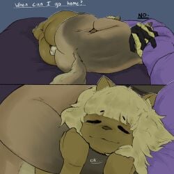 1:1 2025 anthro asking asking_another ass balls bed bed_covers bedding big_butt brown_body brown_fur brown_nose butts_touching canid canine canis closed_eyes colored cuddling detailed_background devin_(yungyiff) digital_drawing_(artwork) digital_media_(artwork) domestic_cat domestic_dog dreadlocks duo english_text felid feline felis female female_(lore) fluffy fluffy_tail fur furniture genitals german_shepherd glans hair herding_dog hi_res hot_dogging hug huge_butt humanoid_genitalia humanoid_penis lying male male/male mammal medium_hair neeno neeno_(character) nude on_bed on_side pastoral_dog penis sex shaded snout spooning submissive tail tan_glans tan_hair text thick_thighs