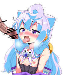 1boy blue_hair blurry blush breath censored cro hacka_doll hacka_doll_3 long_hair male_only nipples open_mouth penis purple_eyes simple_background solo_focus tongue tongue_out trap veins veiny_penis white_background