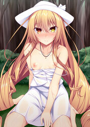 bare_shoulders barefoot breasts brown_eyes brown_hair collarbone dress eyebrows eyebrows_visible_through_hair female grass hair_between_eyes hat heterochromia jewelry long_hair looking_at_viewer necklace nipples no_bra off_shoulder original see-through sitting small_breasts solo strap_slip sun_hat sundress suterii tachibana_(suterii) tied_hair tree twintails very_long_hair wariza white_dress yellow_eyes