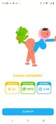 1boy 1girls 2d ahegao ahegao_face ass balls barefoot bottomless bottomless_female cock dark-skinned_female dark_skin dick duo_(duolingo) duolingo female green_penis highres hijab human interspecies male melonmiloc owl parody parody_porn penetration penis phone_screen sex straight straight_sex sweat zari_(duolingo)