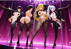 4girls ai_generated black_hair blake_belladonna blonde_hair blue_eyes female gold_eyes lavender_eyes omegashadowz red_hair reverse_bunnysuit ruby_rose rwby silver_eyes weiss_schnee white_hair yang_xiao_long